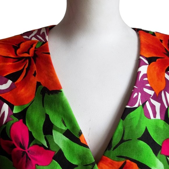 Vtg 80s Tropical Floral Curvy Cut Strong Shoulder Cotton Wrap Statement Top M - Picture 6 of 11